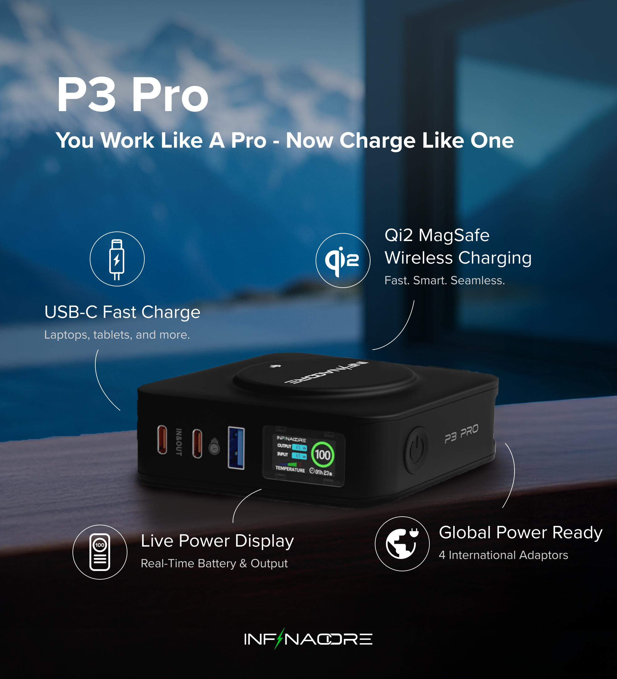 InfinaCore P3 Pro 65W Travel Power Bank | 10,500 mAh | Qi2 Wireless MagSafe | Universal Travel Adapters